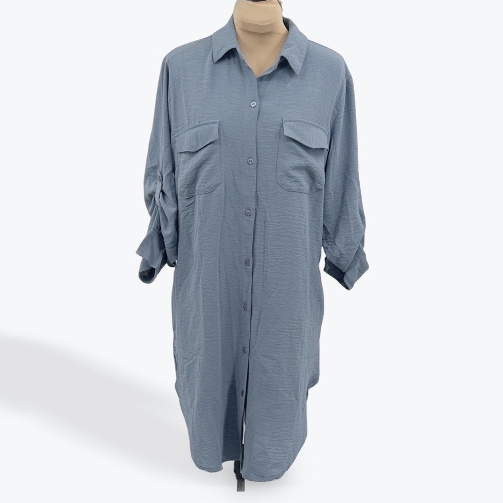 Time to Bloom Blue Textured Pocket Long Sleeve Shirt Dress Size S